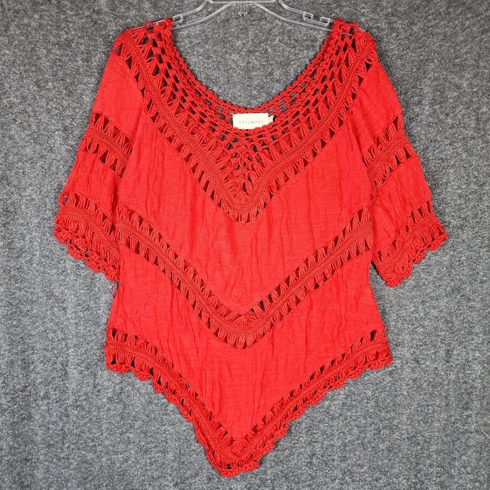 Dreamers Top Womens S K2515 Red Crochet Open Knit V-Neck Pointed Hem EUC